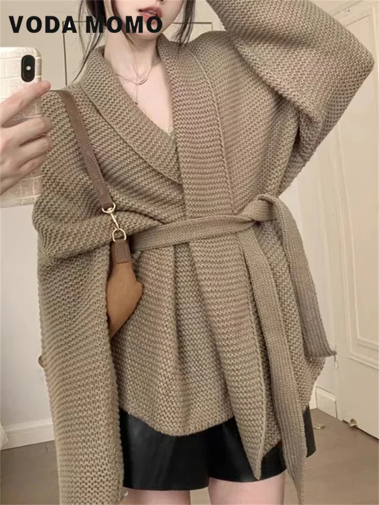 

French Solid Cuff Knit Sweater Loose Knit Cardigan Autumn Winter Women's Cardigans Casual Stretched Lace-up Sweater Design sense