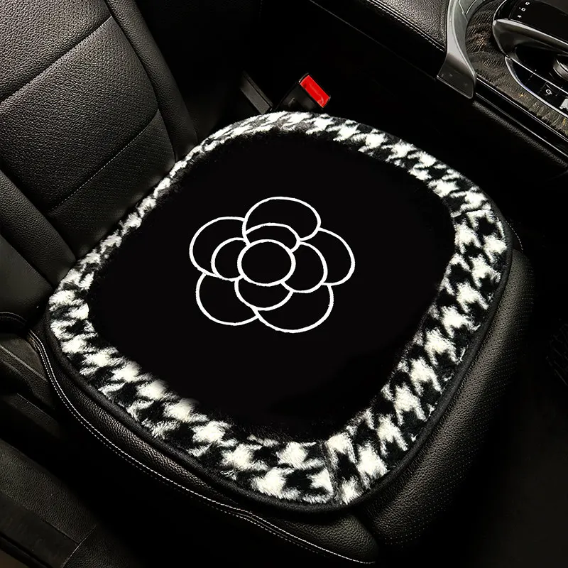 Houndstooth & Camellia Car Seat Cushion, Winter Fleece-Lined High-End Car Neck Pillow, Plush Cute Single Seat Pad