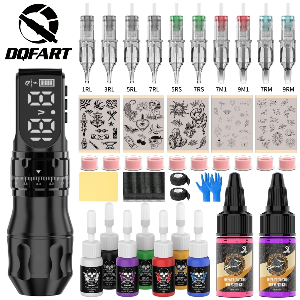 DQFART 1700mAh T9 Led Digltal Display Alloy 1700mAh Electric Wireless Tattoo Machine Set Tattoo Ink Blue Soap Transfer Paper