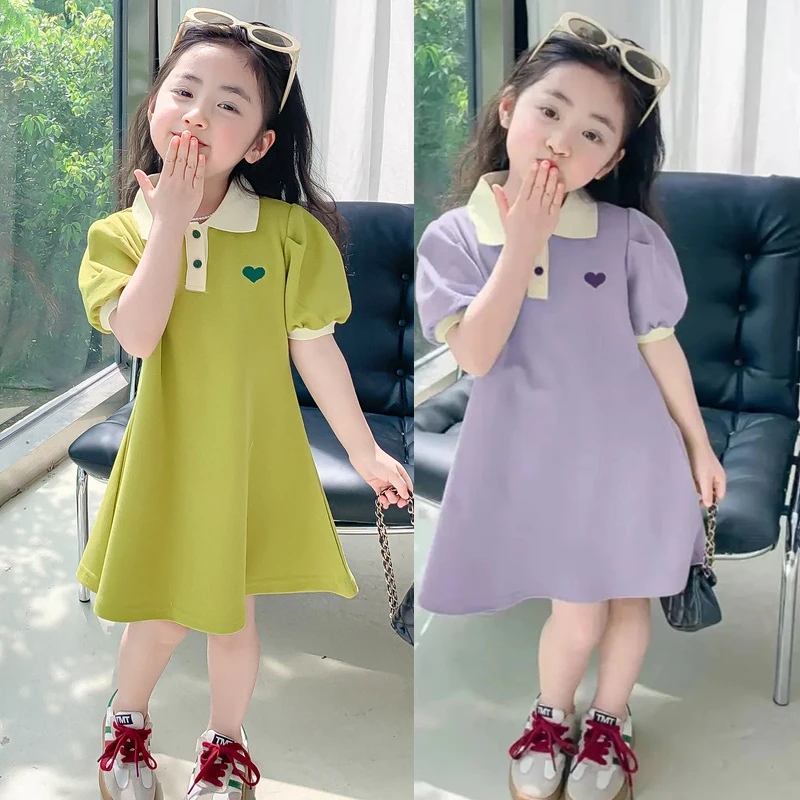 Summer New Girls Princess Dress Solid Color Heart Embroidery Pattern Lapel Collar Dress For 2-12 Years Teen Kids Casual Dress