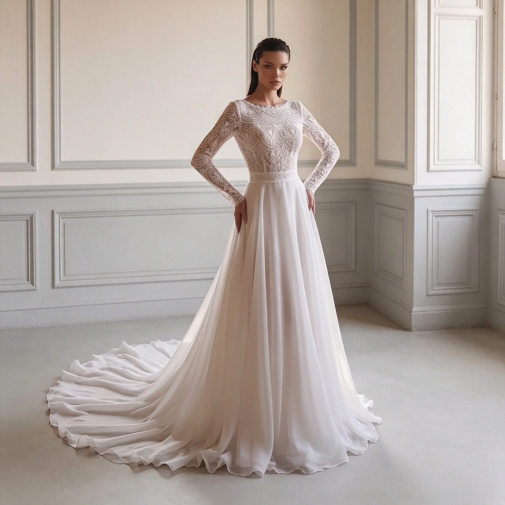 Detachable Skirt Lace Chiffon Wedding Dress Lace High Neck Long Sleeves 2-in-1 Style Vintage Elegant Bridal Gown Customizable