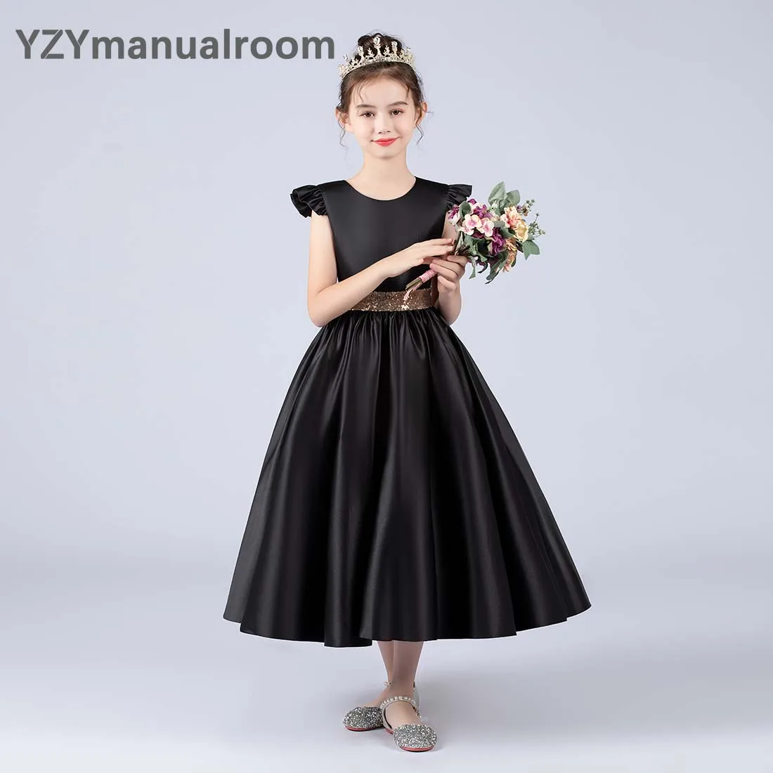 Flower Girl Dresses Elegant Satin Big Bow Tea-Length Concert Junior Pageant Birthday Party Princess Ball Gowns Banquet Dresses