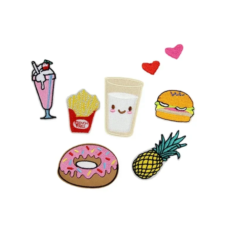 50pcs/Lot Small Luxury Embroidery Patch Clothing Decoration Fries Pineapple Hamburger Drink Milk Donut Love Heart Badge Craft