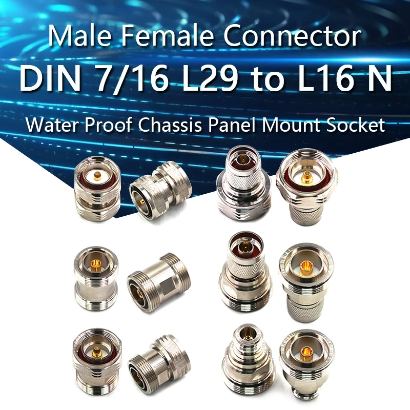 

DIN 7/16 L29 To L16 N Type Male Female Connector 7/16 L29 DIN Flange Water Proof Chassis Panel Mount Socket Adapter Brass Copper