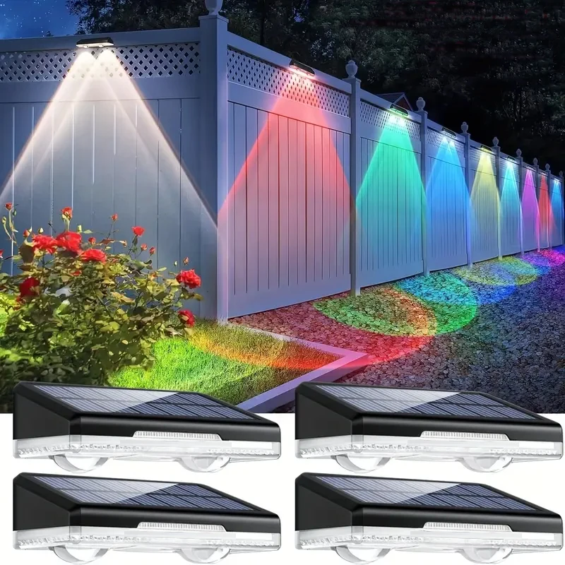 1-4Pcs Solar Powered LED Fence Lights Outdoor Waterproof Wall Lamp RGB or 3 Colors Auto ON/Off  for Outside Patio Step Decor
