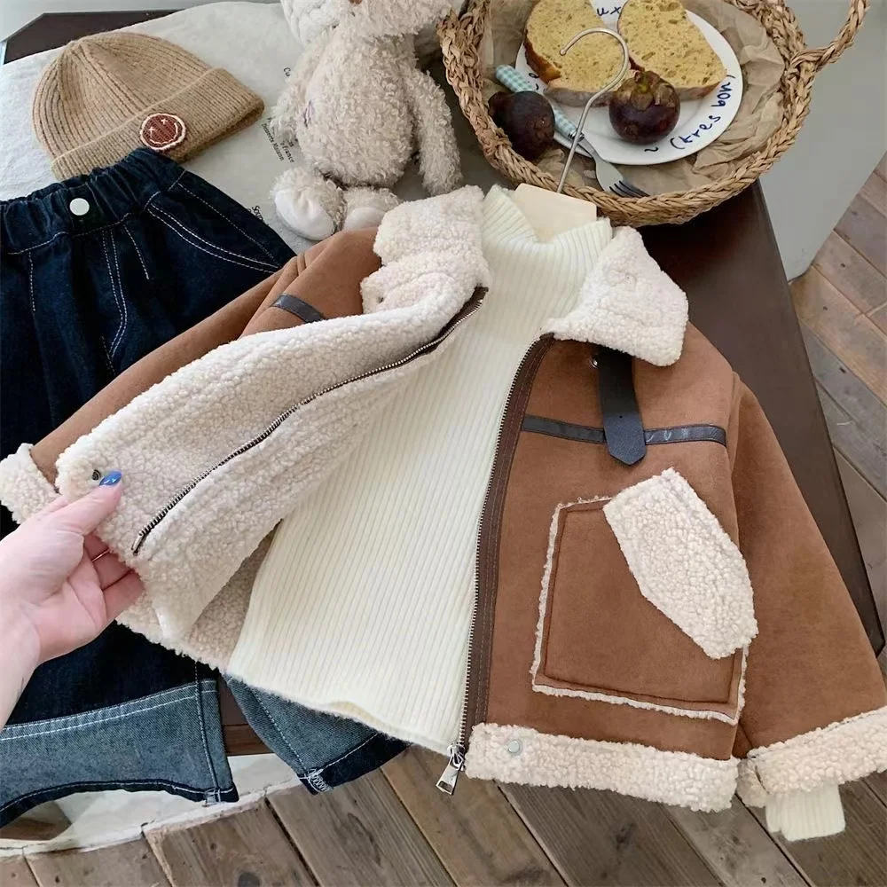 2024 New Boys Autumn and Winter Children\'s Outerwear Thickened Lamb Wool Outerwear Casual and Cute Warm Girl Cotton Jacket