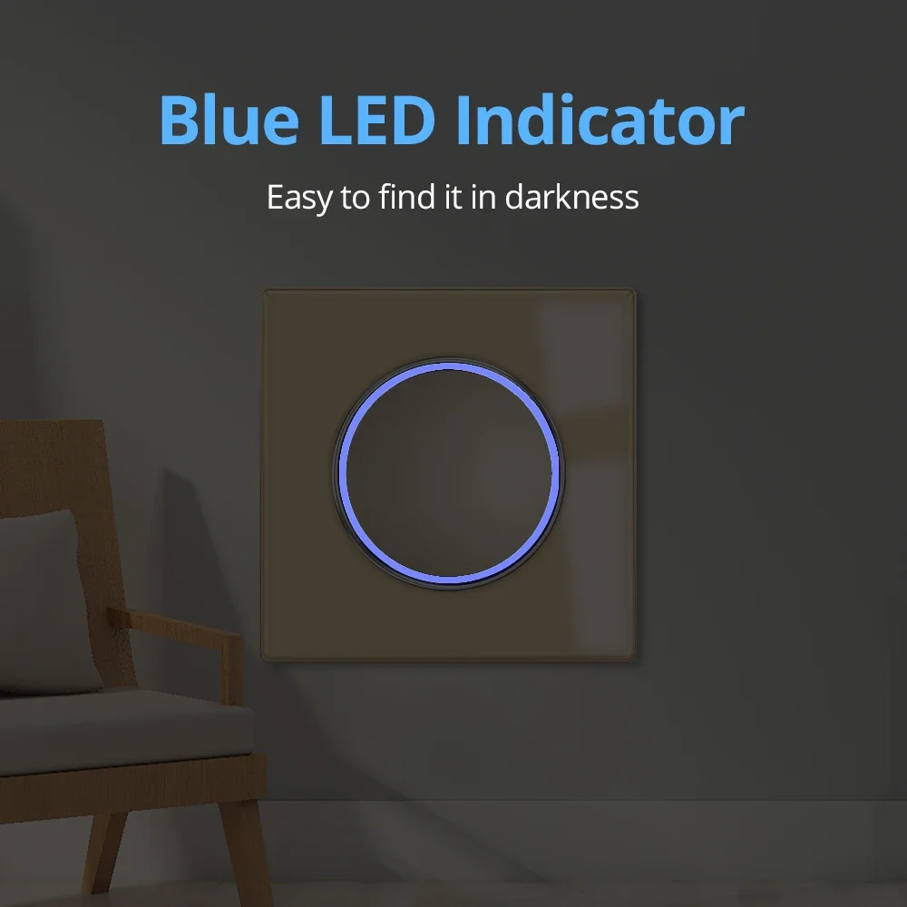 Wallpad painel de vidro dourado grande círculo azul led indicador botão interruptor de luz de parede e tomada elétrica ac 110-220v