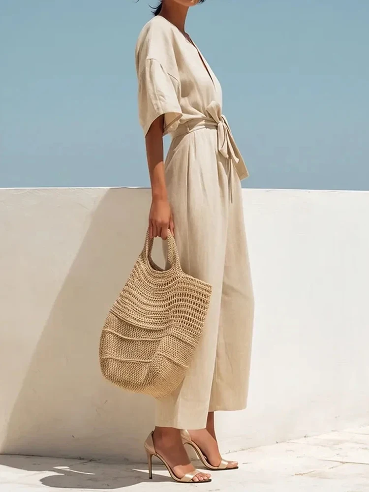 Causal Half Sleeve Pocket Solid Jumpsuit Fashion Lace-Up Waist Cotton Linen Playsuit Lady Sexy V-neck Multiple Color Long Romper