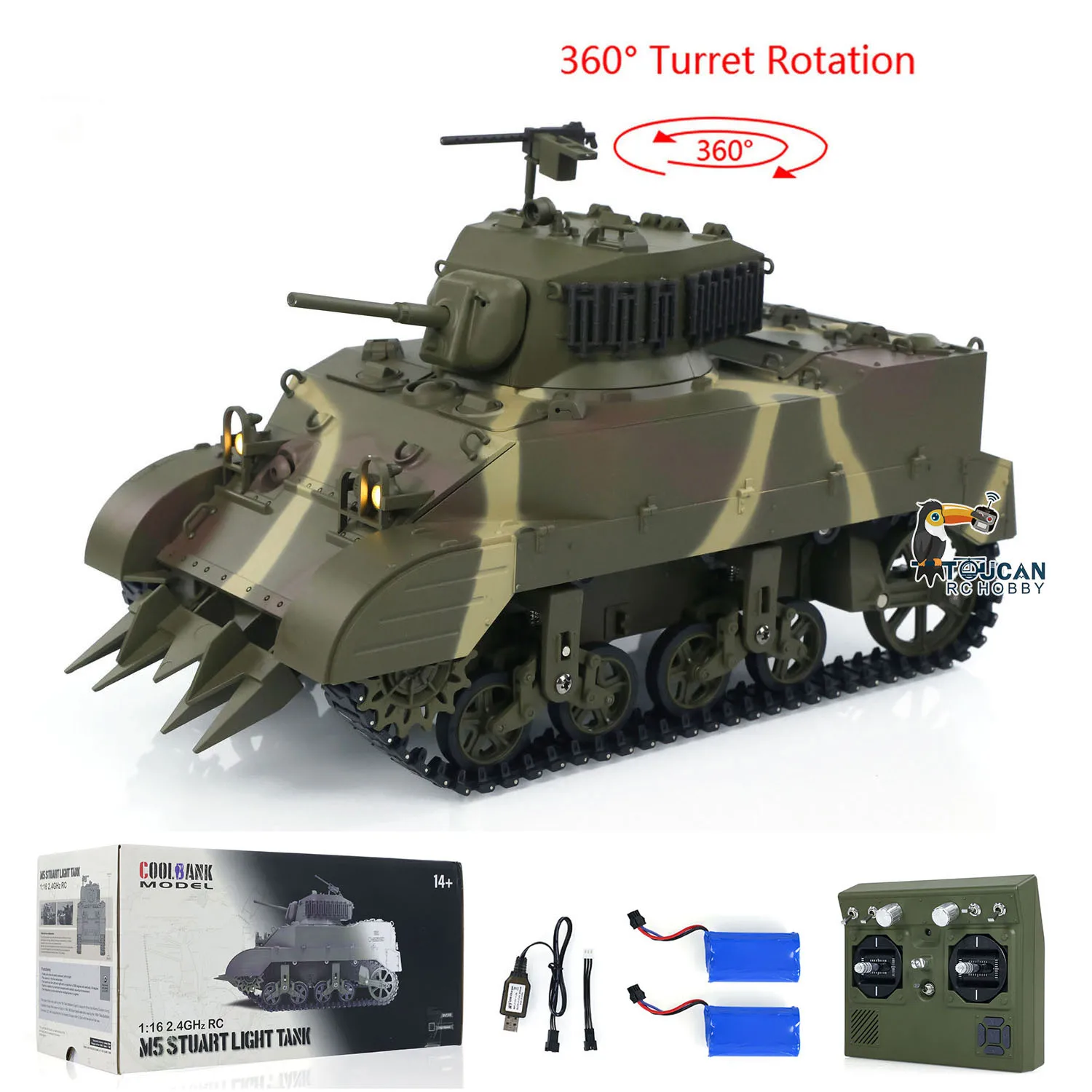 RTR 1/16 Tanque RC US M5A1 Stuart VI 360 °   Modelo de tanques de controle remoto com duas baterias rádio mini veículo modelo de carro brinquedos presentes