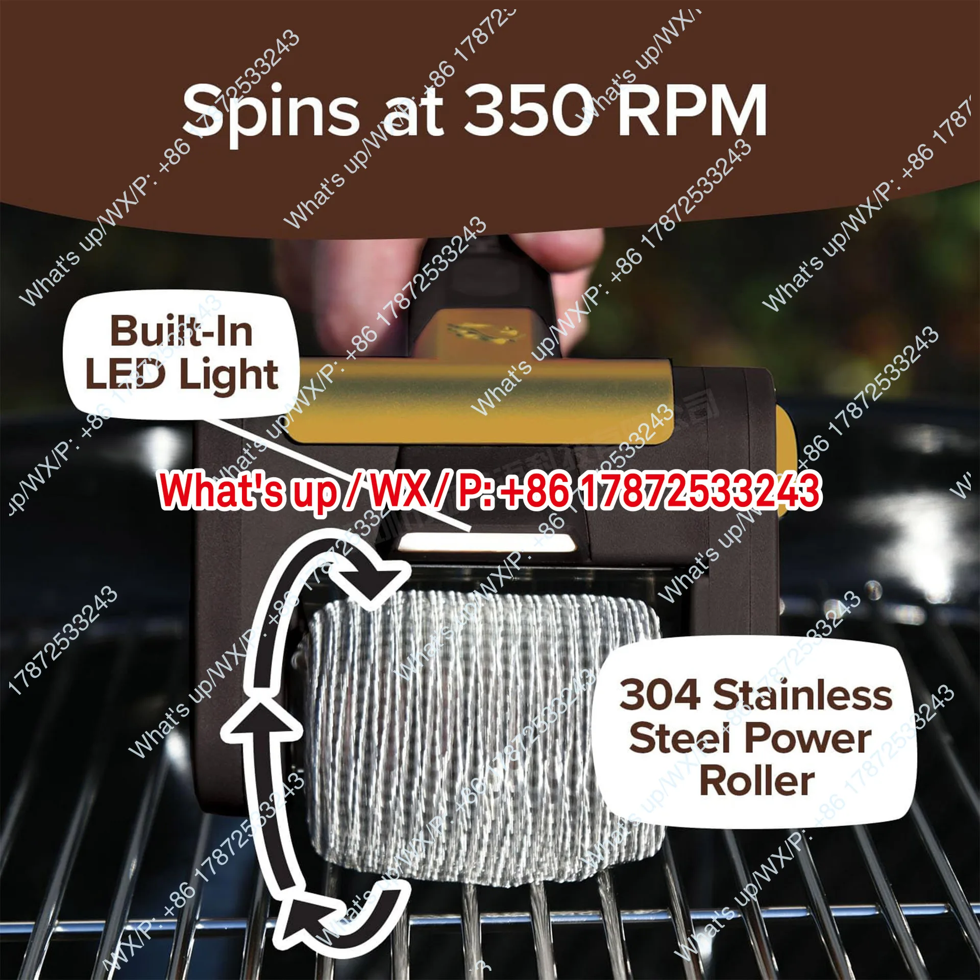 Stainless steel 304 roller barbecue brush with LED light, brushless cleaning, food grade cleaning, LED lighting