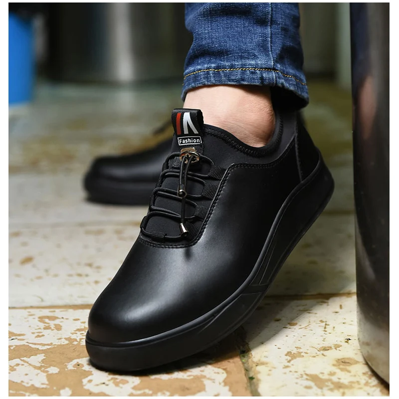men casual steel toe caps working safety shoes waterproof non-slip soft leather chef shoe worker tooling security boots protect