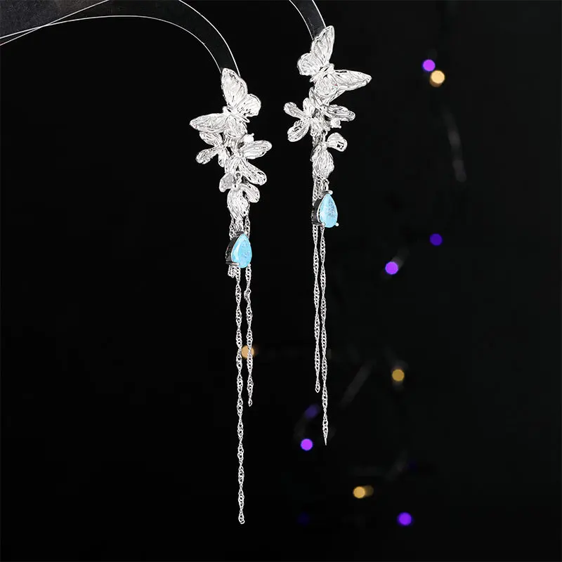 Pendientes largos de lujo para mujer, aretes de borla de flor de mariposa, aguja de plata, circón, viento frío