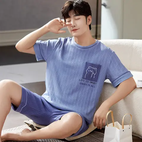남성용 부드러운 면 잠옷 세트, L-3XL 파란색 잠옷, 신축성 있는 반팔 반바지, 젊은 남성 홈웨어, 여름 패션, 신상