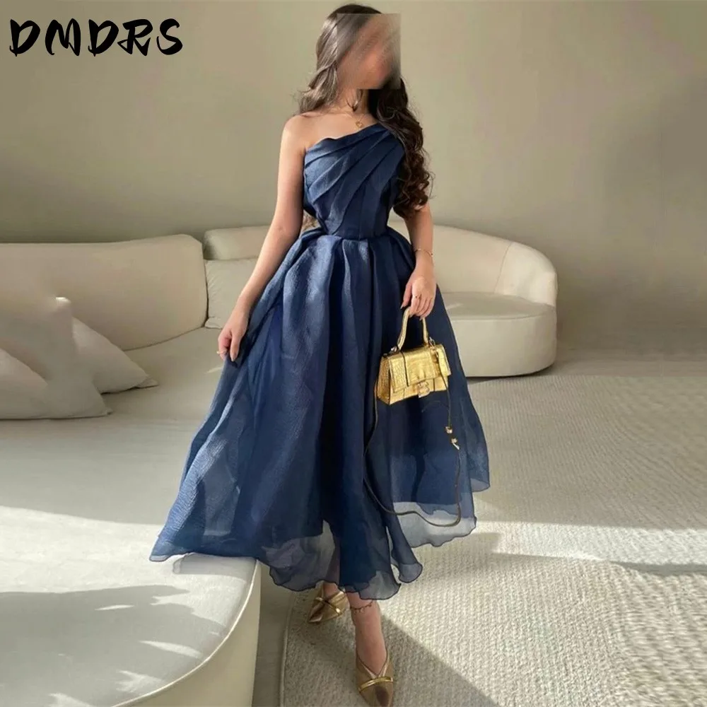 Navy Blue Vintage Organza One Shoulder Prom Dresses with Pleats A-Line Tea Length Robe De Soiree Formal Party Dresses for Women