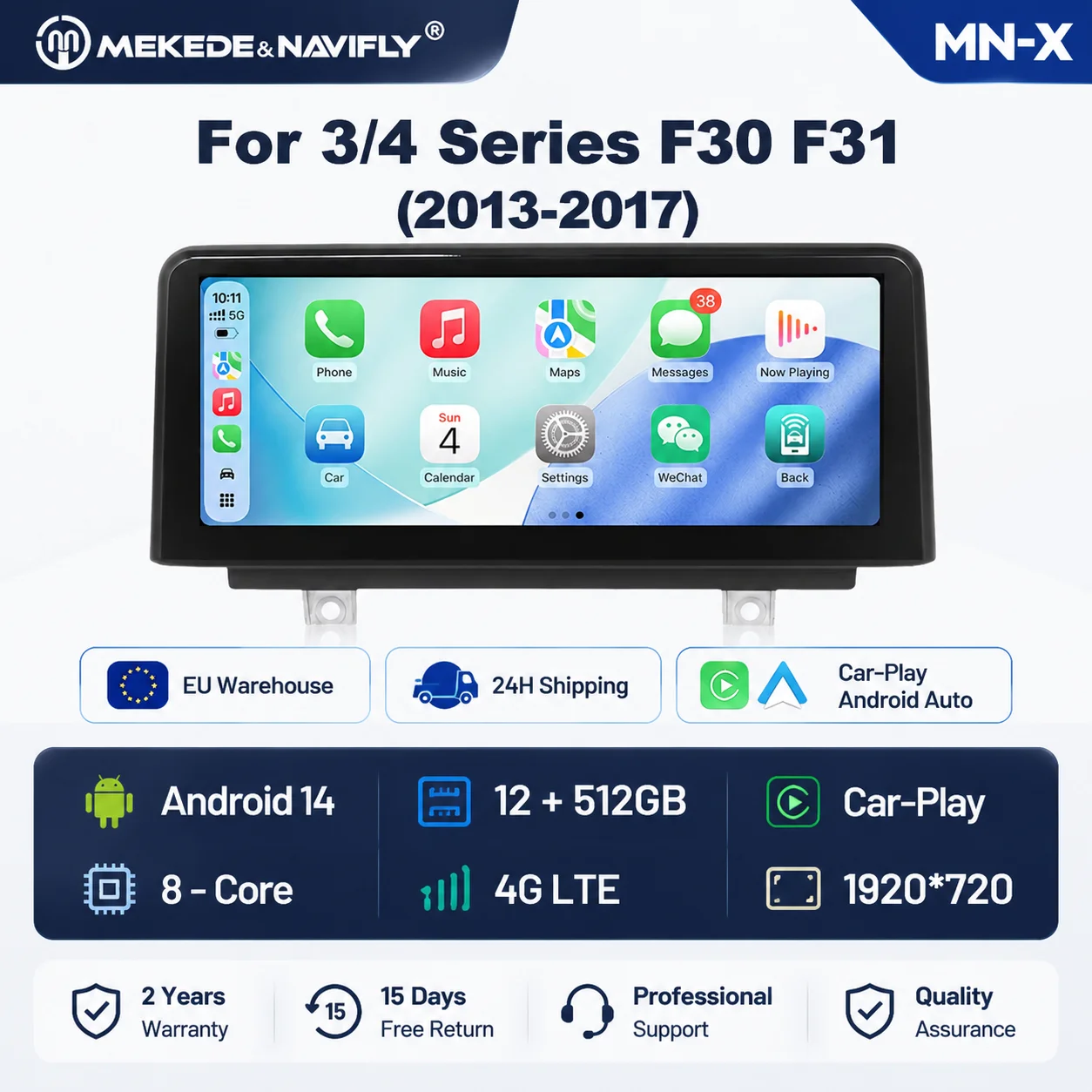 Autoradio 2 Din MEKEDE EU Warehouse Android 14 avec écran tactile 10,25 pouces, CarPlay sans fil, Android Auto, processeur 8 cœurs, pour BMW Série 3 F30 F31 F34 Série 4 F32 F33 F36, navigation GPS, radio FM, système audio stéréo, lecteur multimédia central, système audio intelligent pour voiture