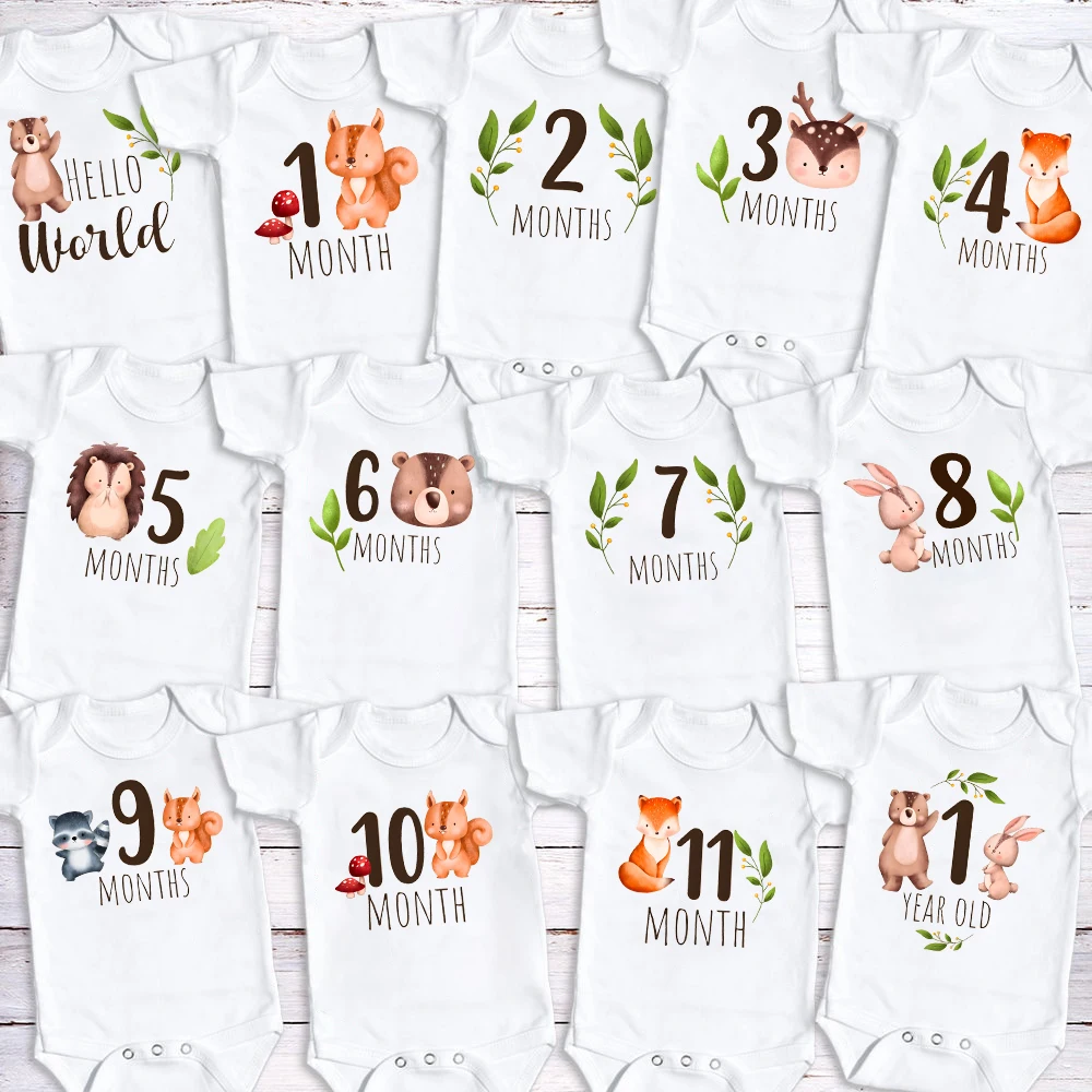 

Cute Animal Printed Monthly Milestone Baby Romper 1-12 Month Newborn Bodysuit Photography Prop Outfit Clothes Infant Shower Gift