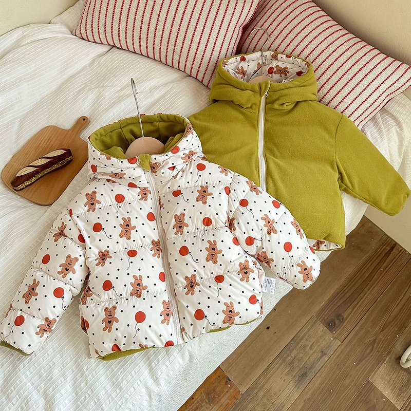 New Winter Thick Keep Warm Girls Jacket Cartoon Rabbit Fleece-lined Can Be Worn On Both Sides Hooded Heavy Coat For Kids