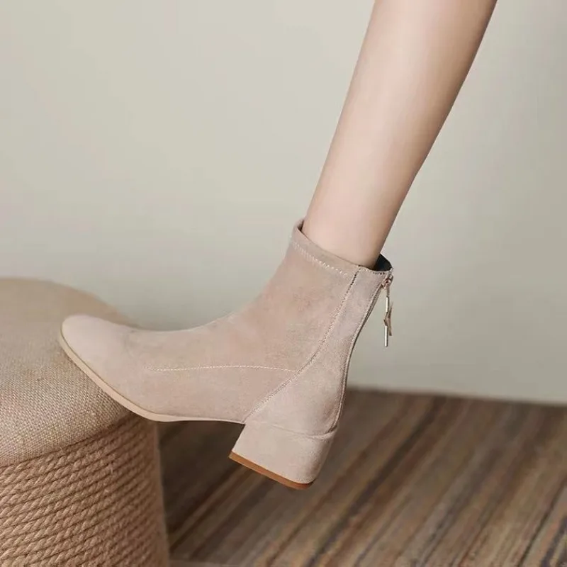 Booties Black Women\'s Ankle Boots Work Elegant with Medium Heels Short Shoes for Woman Suede Sale Gyaru Spring Autumn Footwear