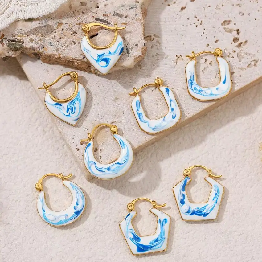 Vintage Blue and White Porcelain U Shape Hoop Earrings for Women Stainless Steel Oil Drip Geometric Huggies Jewelry Gifts