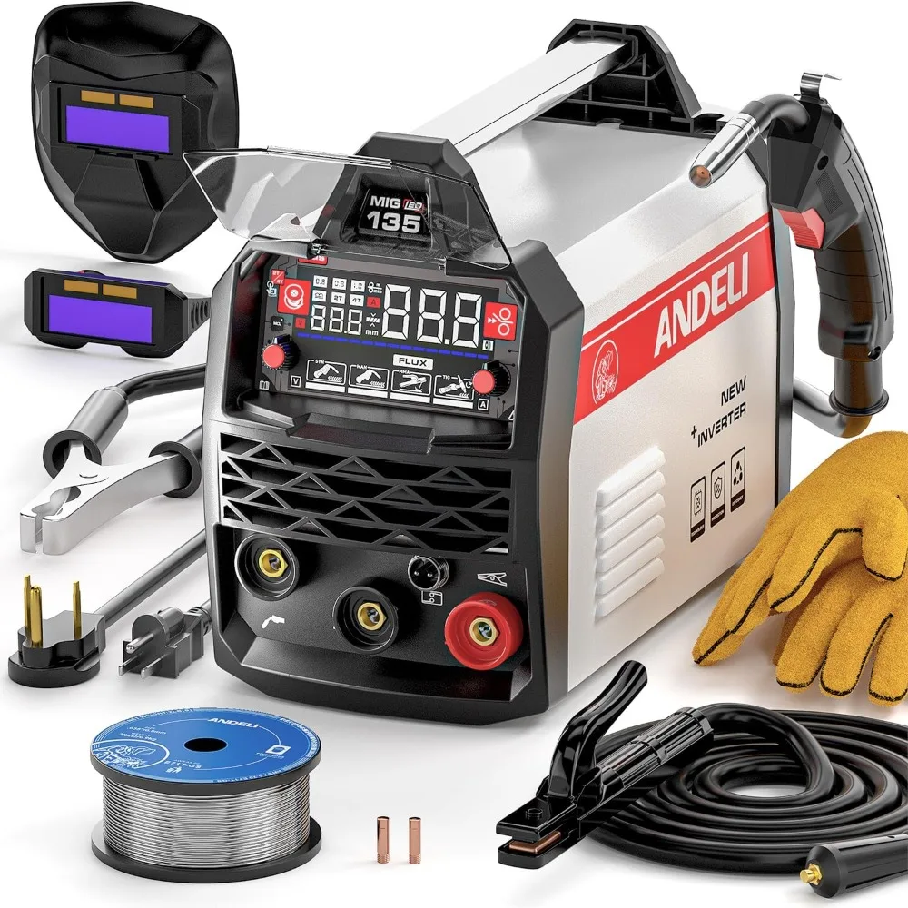 

ANDELI 135A MIG Welder,110V/220V [Large LED Display] 3-in-1 Welder Flux Core MIG/Lift Tig/Stick Multiprocess Gasless MIG Welding
