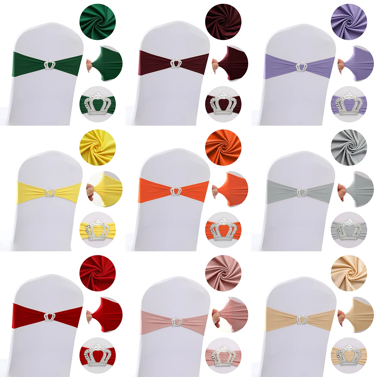 Stretch Chair Sashes Bands with Crown Buckles Bows for Party Wedding Banquet Birthday Decoration Ceremony Event Reception