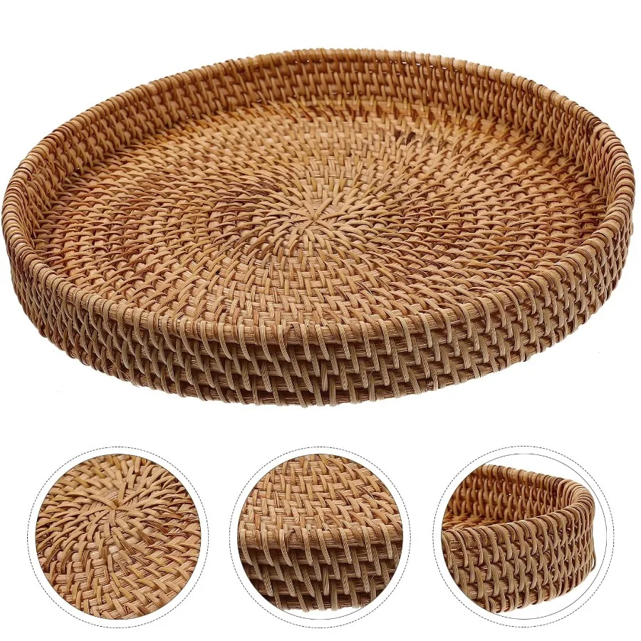 Round Rattan Serving Tray with Handles 1 Hand Woven Basket Home Decor Organizer Tray for Breakfast Tea Snack Fruit Coffee Stora