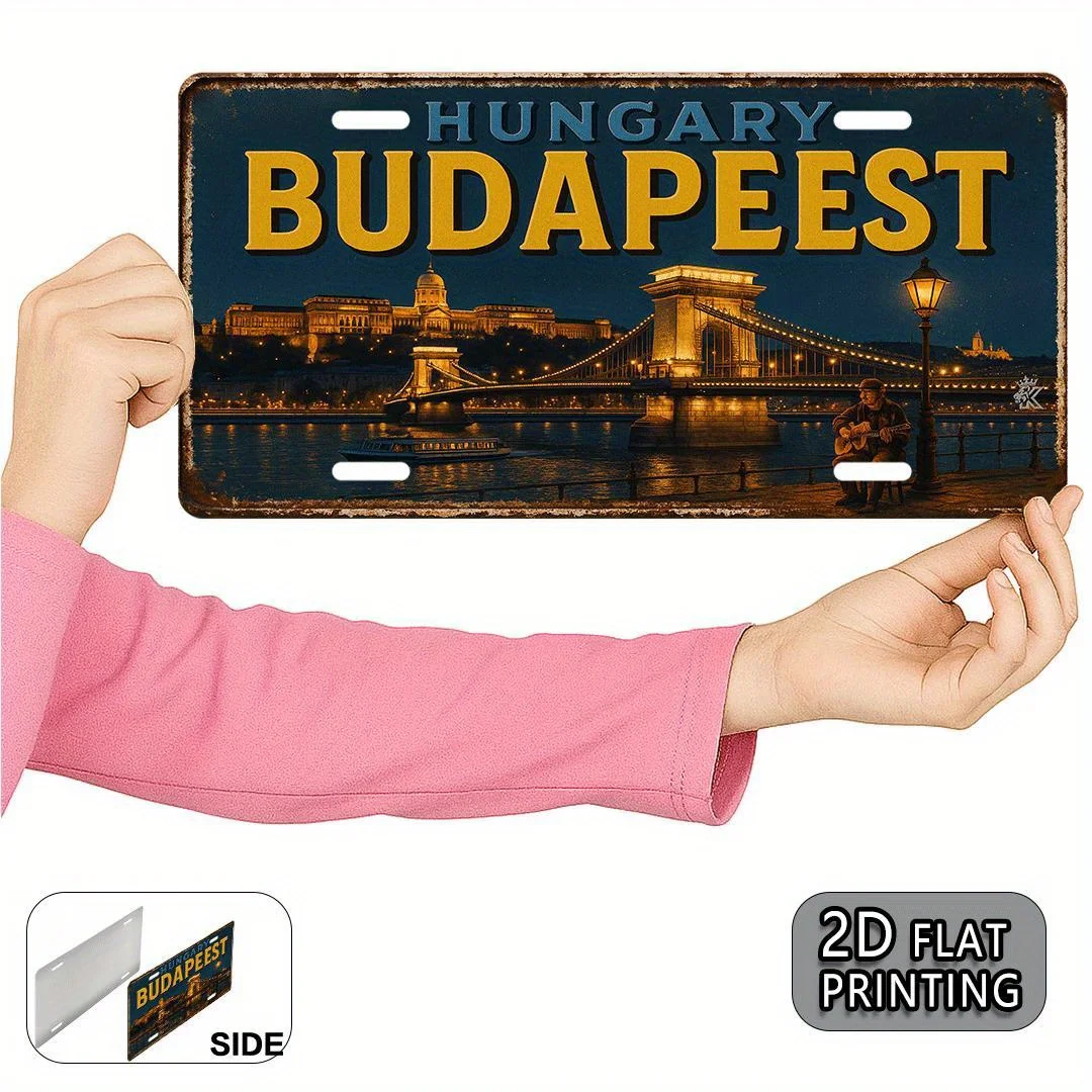2D Hungary Budapest Chain Bridge Vintage Metal License Plate Retro Landscape Metal Sign Home Bar Wall Decor Plaque
