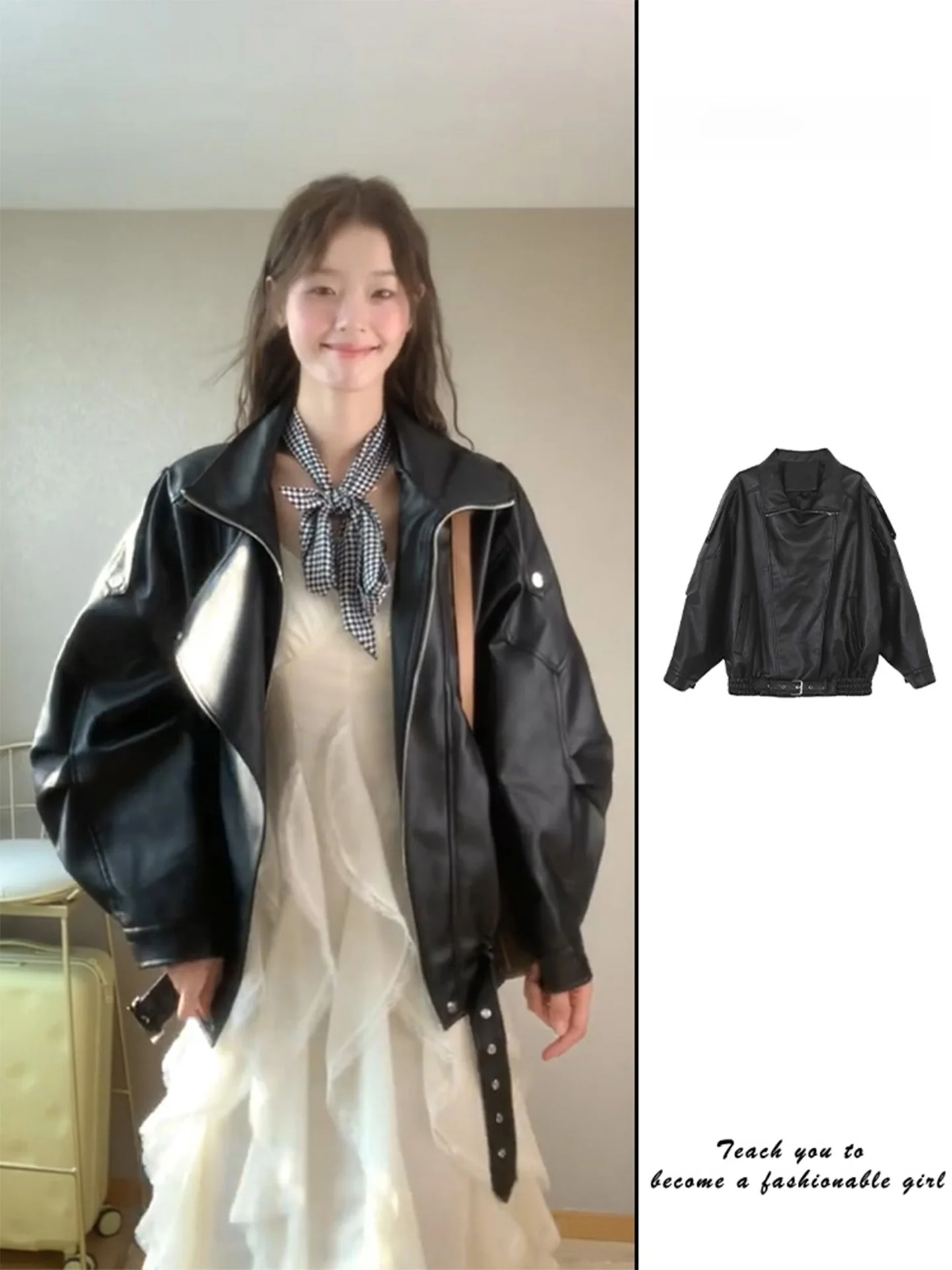 

Sweet Cool Bla Leather Jaet Women's 2025 Spring Autumn New American Motorcycle Sle Loose Fit High-End Feel Top