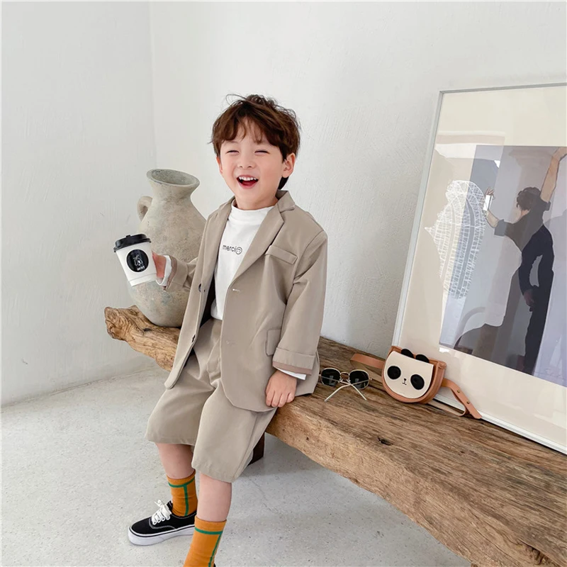 

2023 Spring Summer Children's Suit Set Boys And Girls Double Breasted Blazer + Shorts 2pcs Clothing Set