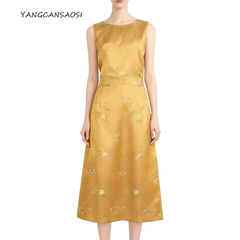 

2025 Women's Fashion Autumn Clothing Bright Yellow Rose Printing 100% Natural Mulberry Silk Song Brocade Casual A-line Skirt