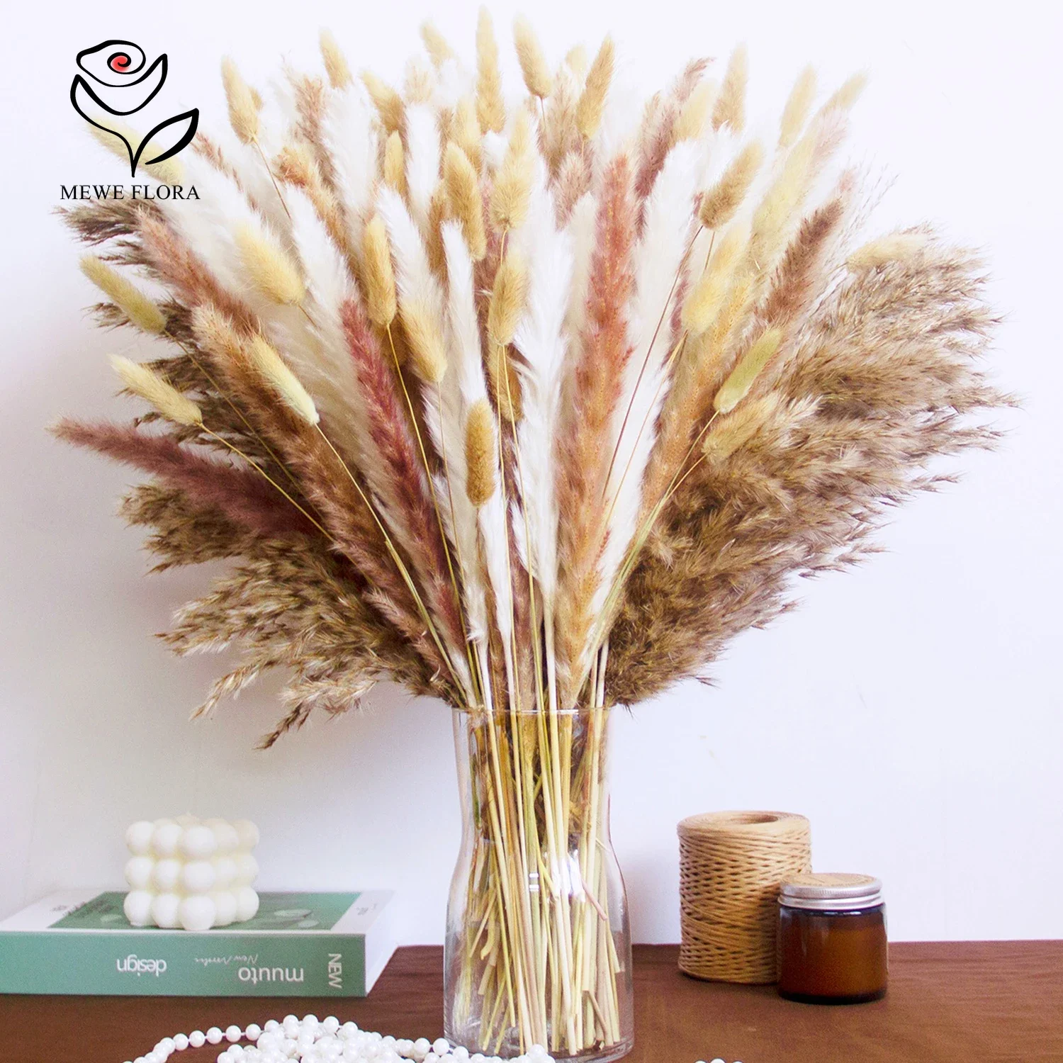 155pcs Dried Pampas Grass Natural Bunny Tail Phragmites Flowers Bouquet Rustic Farmhouse Party Home Decor Floral Arrangements