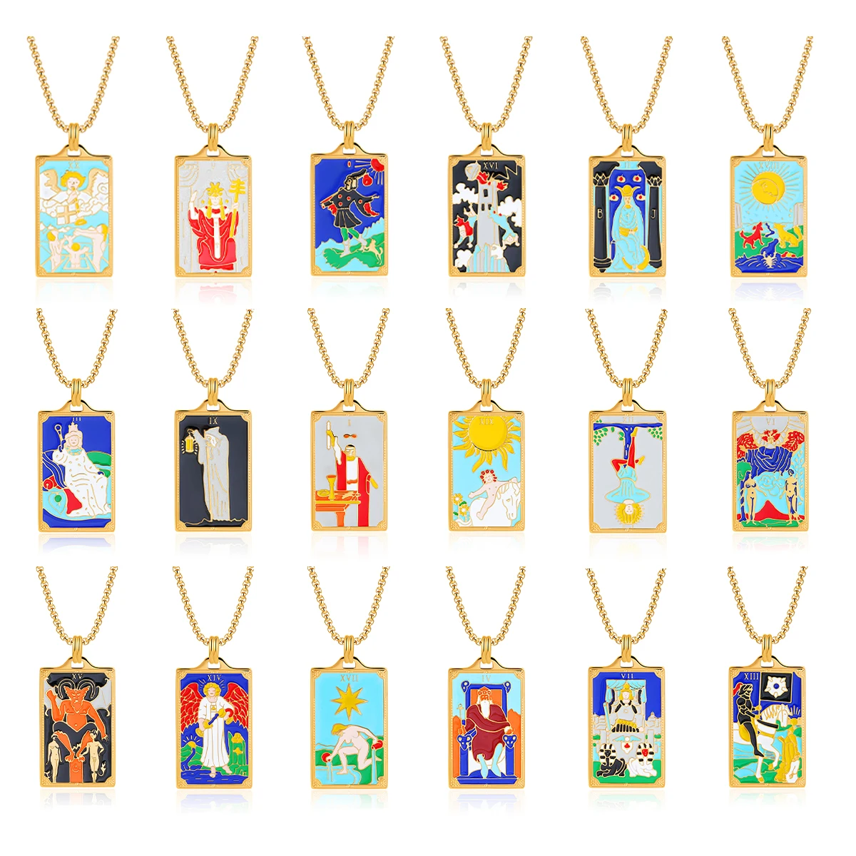 New Design Colorful Enamel Tarot Cards Pendant Necklaces  18K Gold Plated Sun Star Moon Box Chain Choker Jewelry for Women
