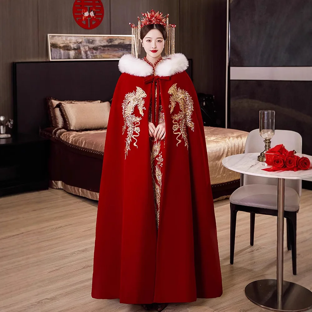 

Зимняя шерстяная шаль Hanfu Xiuhe, костюм, накидка в китайском стиле, флисовый свадебный плащ невесты, женский красный длинный плащ с вышивкой