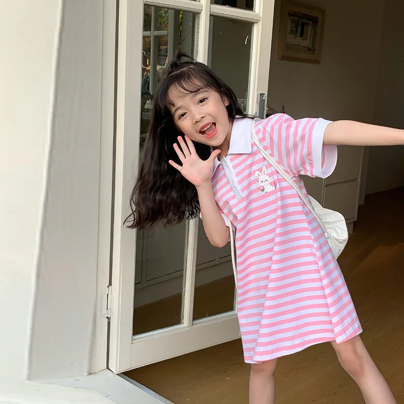 

Girls' striped casual skirt 2024 summer new children's foreign style Polo collar girls cartoon dress tide