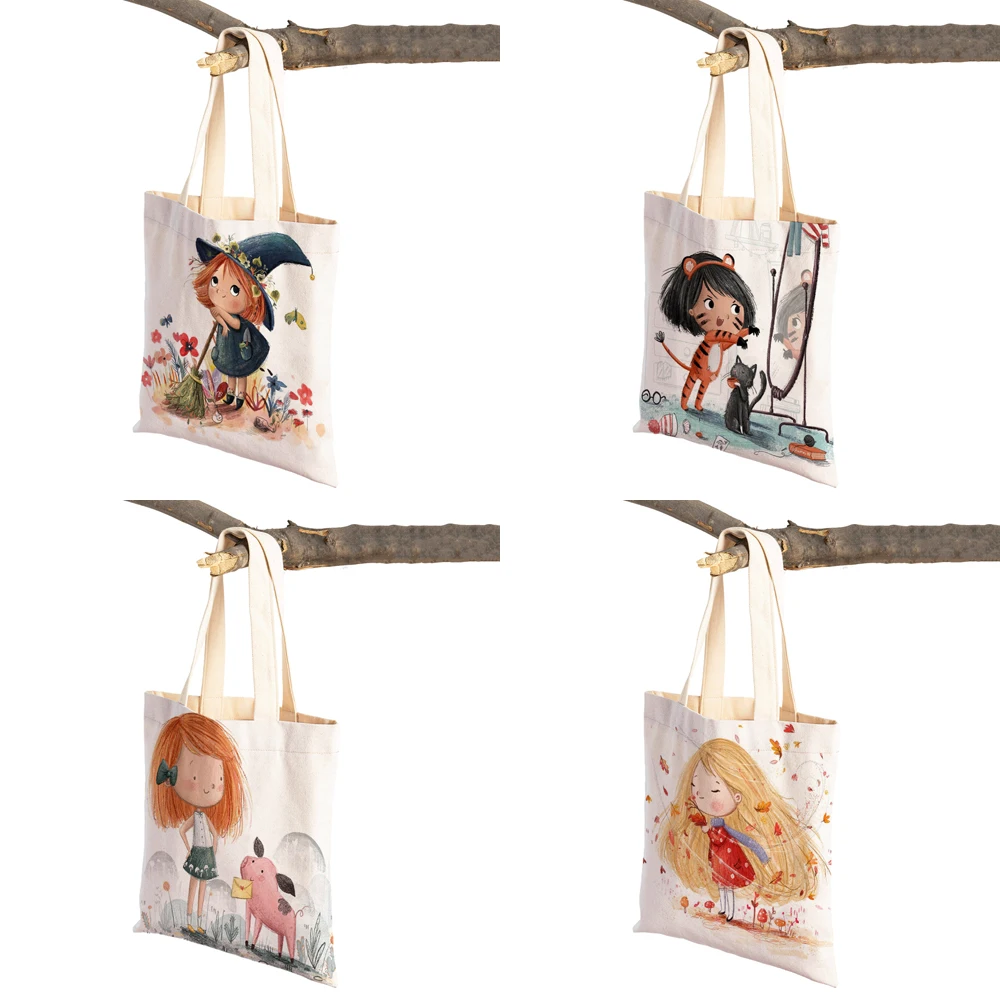 Cute Cartoon Girl Double Printed Reusable Canvas Student Tote Handbag Fairy Tale World Lovely Child Gift Casual Shopping Bag