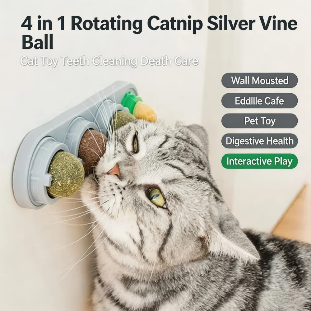 4 in 1 Rotating Catnip Silver Vine Ball Cat Toy Teeth Cleaning Dental Care Wall Mounted Edible Safe Pet Toy Digestive Health