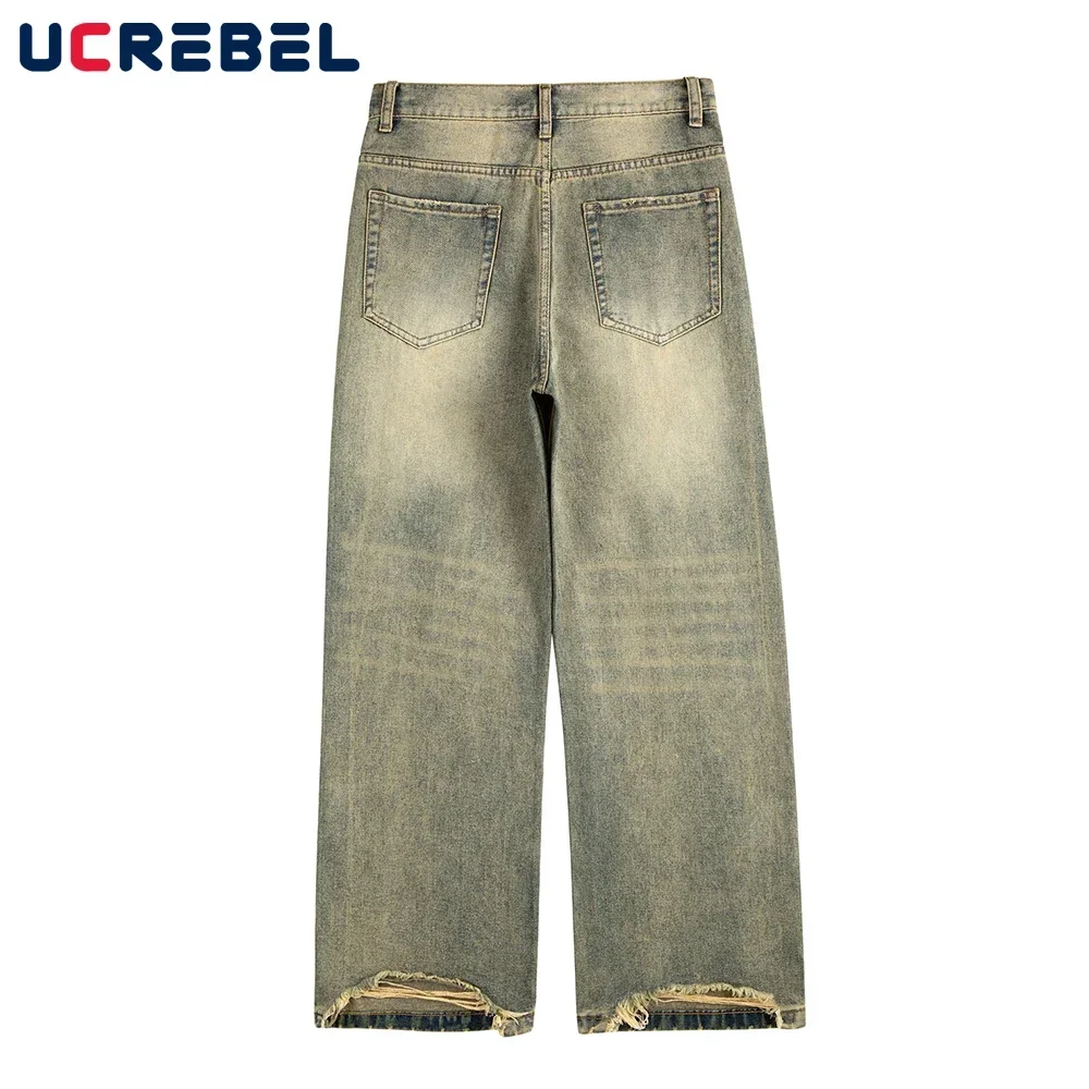 Washed Distressed Mud Yellow Jeans Mens Streetwear Retro Loose Wide Leg Denim Pants Men