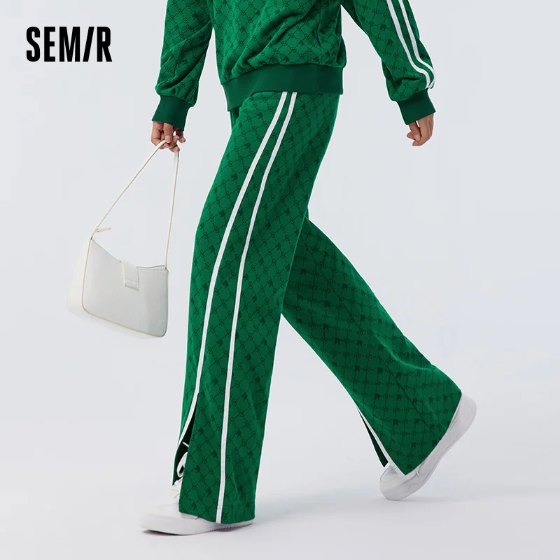 Semir Casual Trousers Women Color-blocking Split Wide-leg Trousers  Spring Elastic Waist Long Trousers Vintage Sporty Style