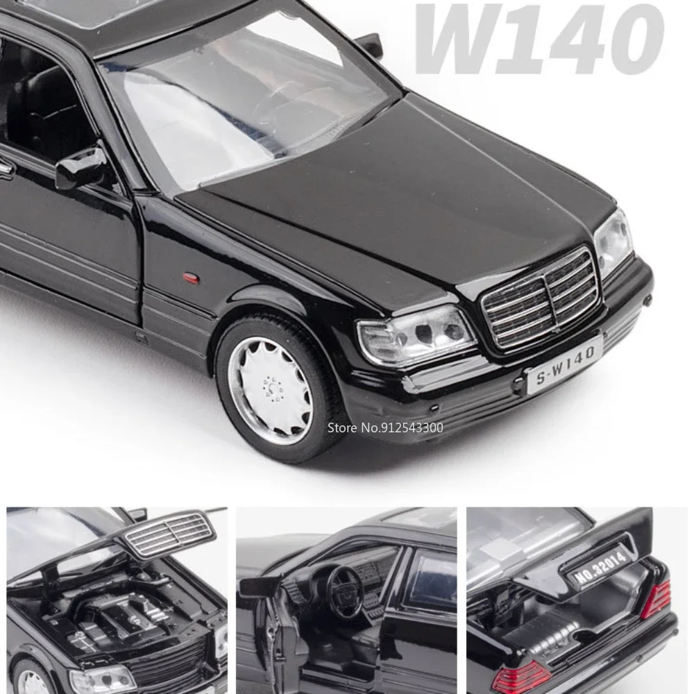 1:32 Mercedes-Benz S-W140 Car Model Toy Alloy Diecast Pull Back Sound Light Doors Opened Classic Vehicle Models for Boys Gifts