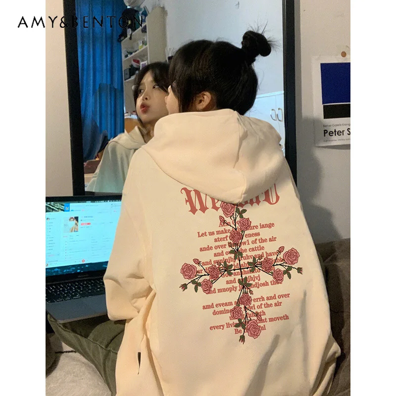 

2025 Autumn Winter New American Retro Women's White Navy Blue Fleece Hoodie Loose High Street Black Letter Floral Hoodie