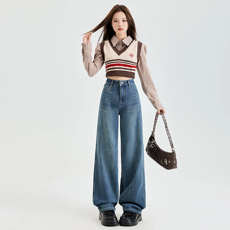 Jeans dritti da donna comodi Pantaloni in denim vintage vestibilità ampia e delicati sulla pelle Pantaloni lunghi da strada a vita bassa larghi a gamba larga