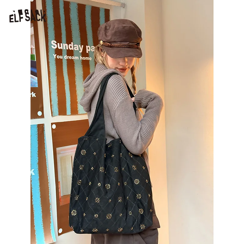 

ELFSACK Vintage Elegant Suede Plaid Beading Wide Strap Large Capacity Shoulder Bag For Women