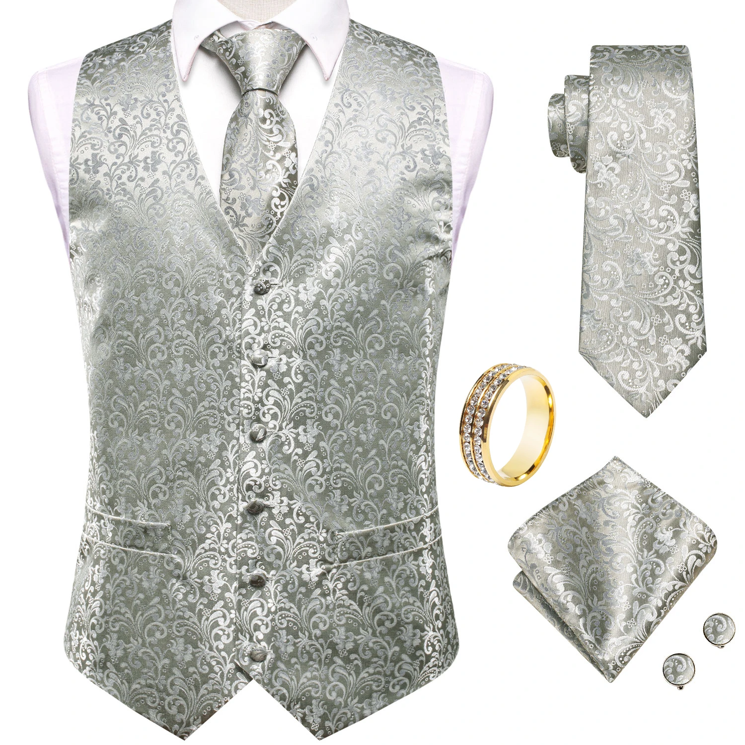 Silver Grey Scroll Paisley V-Neck Vest Accessory Set Tie Pocket Square Cufflinks Ring For Prom Guest Event