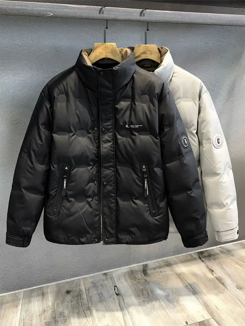 Leather texture duck down ruffian handsome stand-up collar down jacket men's winter thickened warm jacket