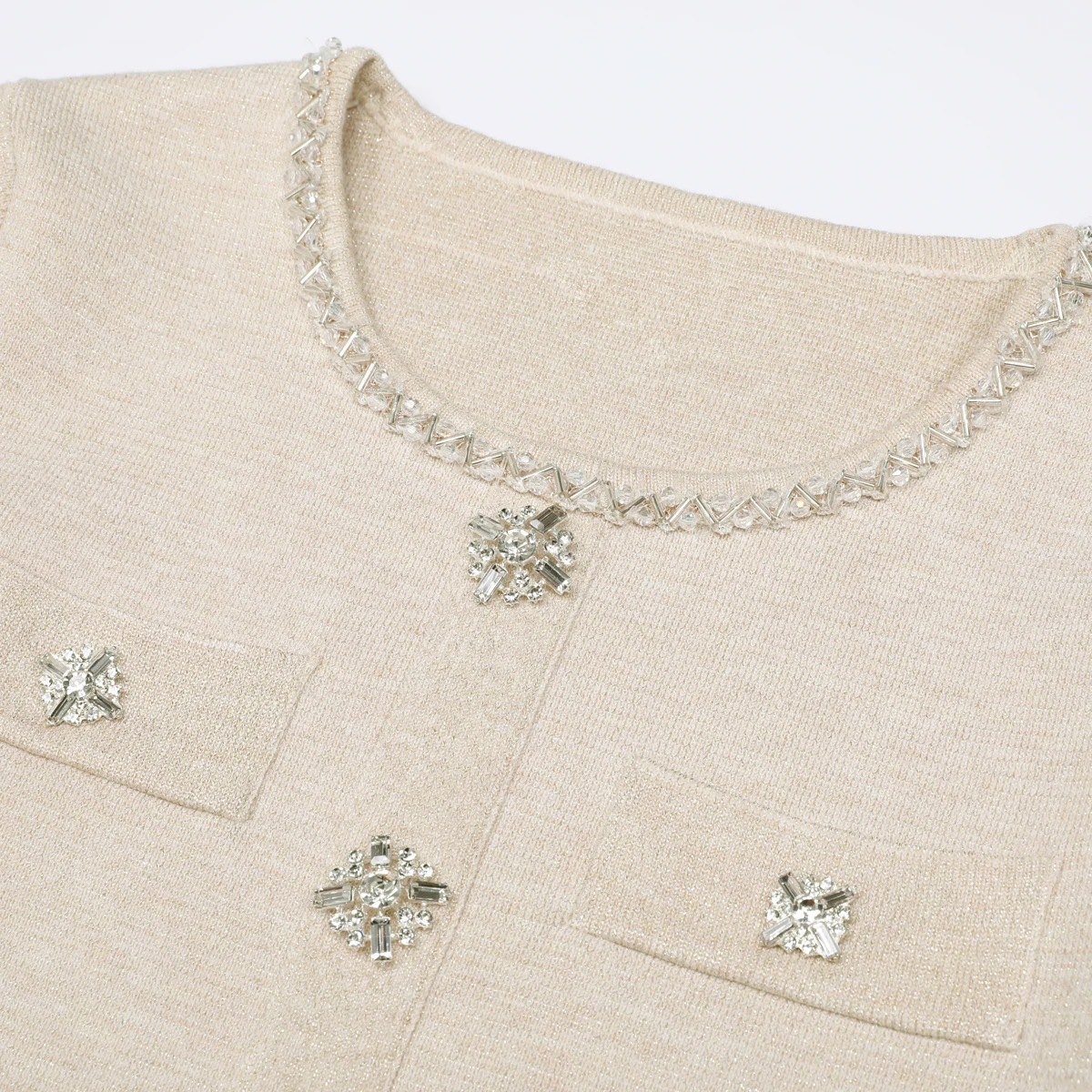 

25302 High Quality New Fashionable Luxury Nail Bead Diamond Buckle Knitted Elastic Casual Fit Long Sleeved Top Women's Pullover