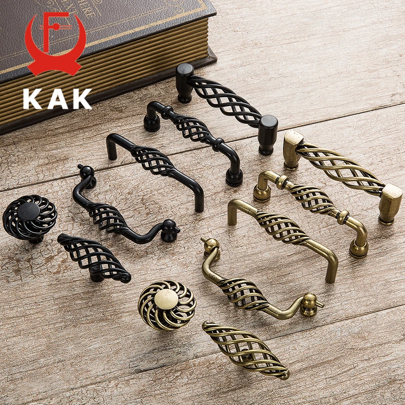 KAK Vintage Antique Bronze Cabinet Handles Hollow Out Birdcage Handles Drawer Knobs Wardrobe Door Pullers Furniture Handle