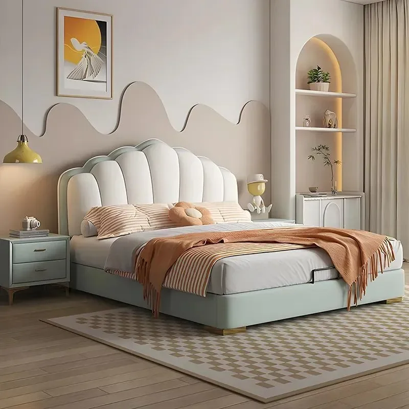 Modern Leather Double Bed with Storage Simple Cream Design for Master Bedroom Small Apartment Luxury Princess Wedding