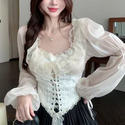 French Court Style Lace Lantern Sleeves Shirt for Women in Spring, Lace-up Waist Slimming Corset Short Chic Chiffon Tops Clothes