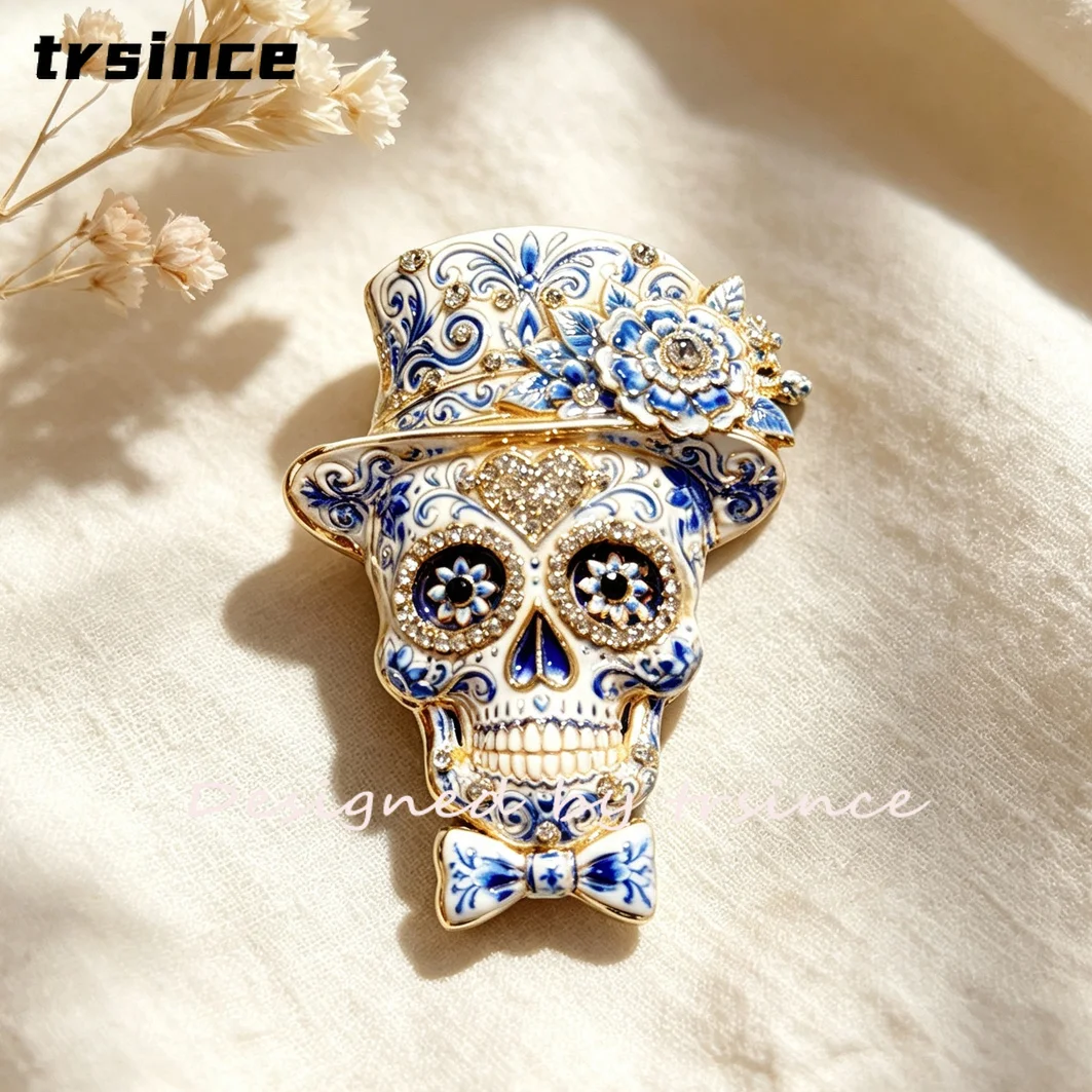 Halloween Mexican Day of The Dead Sugar Skull Brooch Top Hat Bowtie Skull Lapel Pin Dia De Los Muertos Costume Accessory Jewelry