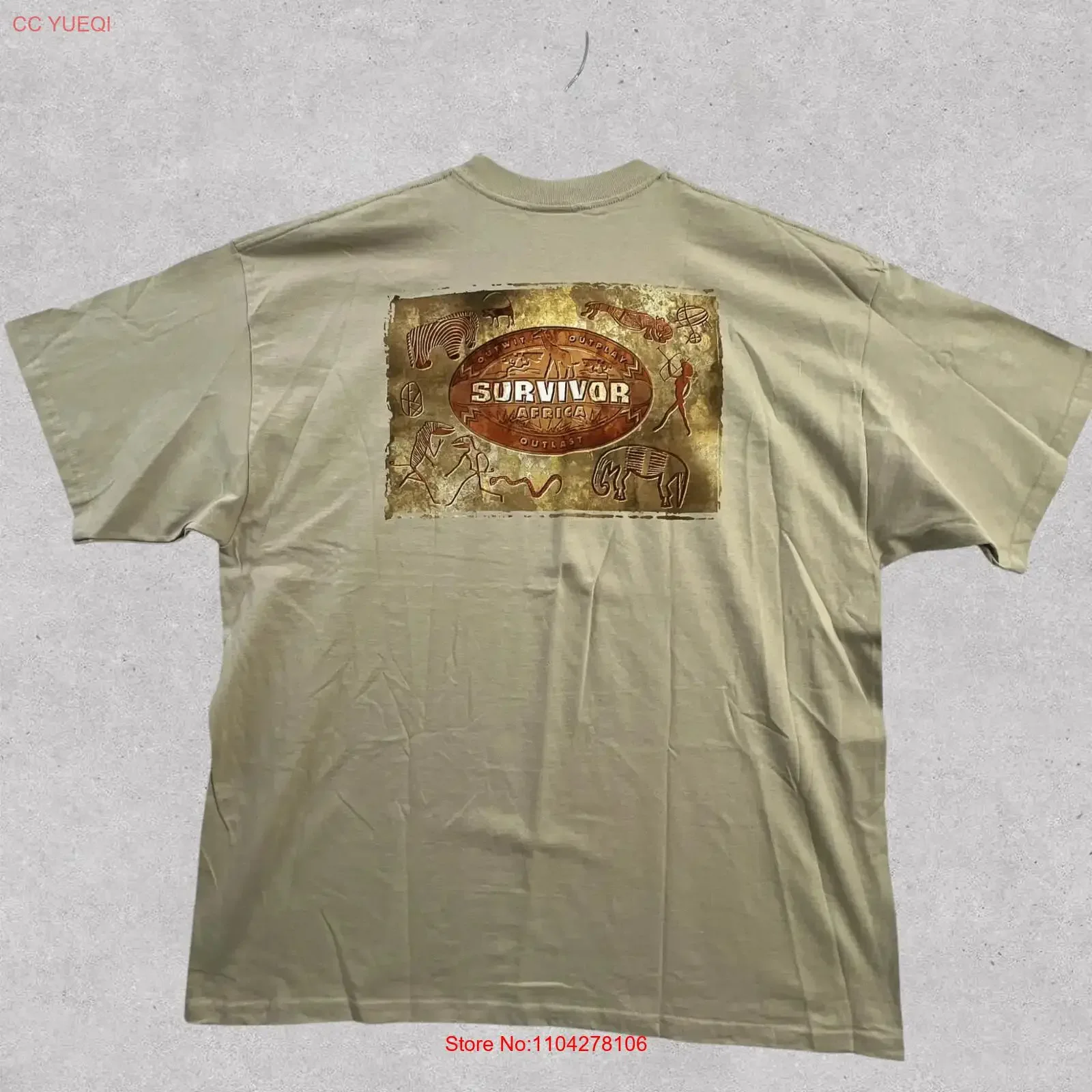 Camiseta Vintage Survivor Africa para Hombre, Tallas XXL 2XL, Color Bronceado, Estilo Reality TV, Algodón Vintage Lavado, Gráfico, Suave y Elástica, para Uso Diario